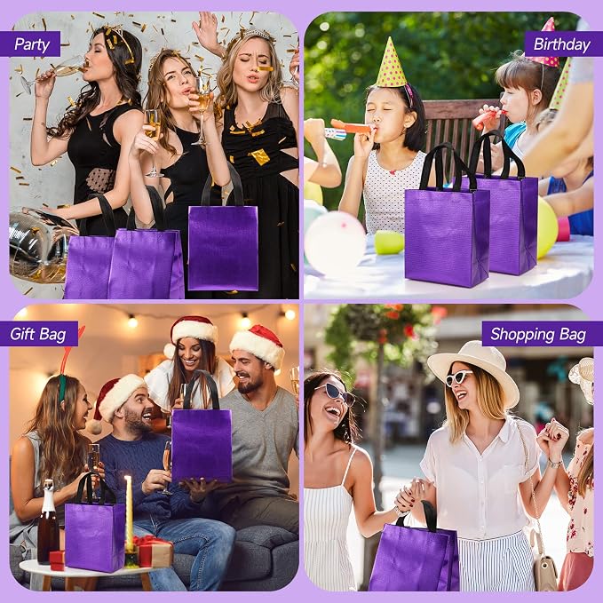 Eccliy Reusable Gift Bags Set Glossy Grocery Gift Tote Bag with Handle for Wedding, Bridal Shower, 4th of July, Summer Event(10 x 8 x 4.7 Inch,Purple with Black Handles,80 Pcs)