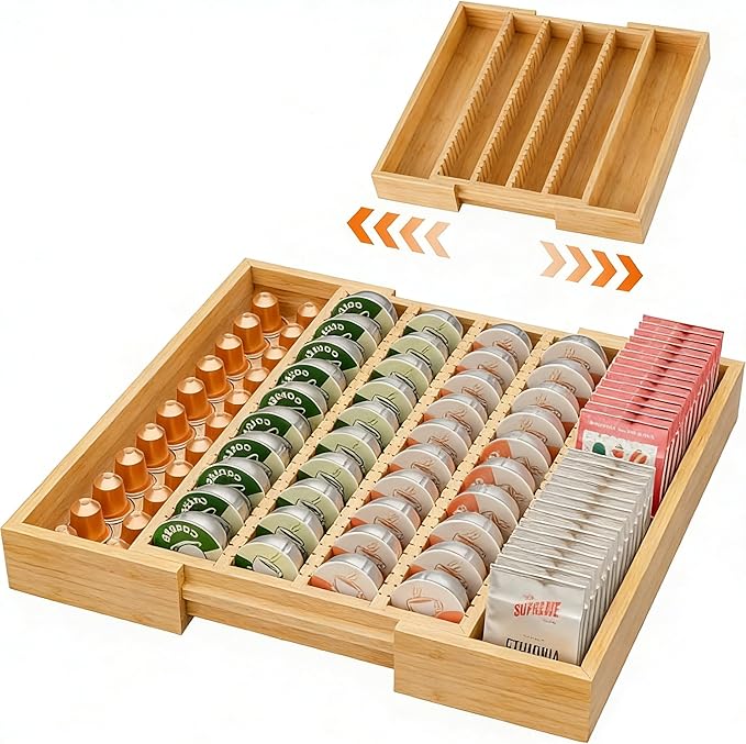 Simple Trending Bamboo Coffee Pod Holder Drawer Insert for Counter, Expandable K Cup Organizer Tea Bags Storage Compatible with Nespresso Vertuo Capsules, Natural