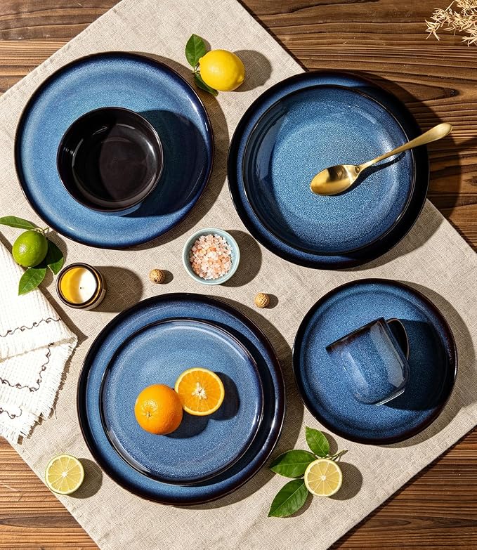 LERATIO Ceramic Dinnerware Sets for 4,16-Piece Reactive Glaze Plates and Bowls Set with Mugs,Highly Chip and Crack Resistant | Dishwasher,Microwave & Oven Safe Dishes set-Blue