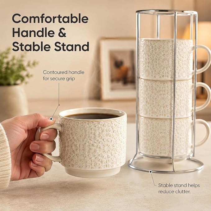 6 Oz Coffee Cups Set of 4, Stackable Espresso Cups with Metal Stand, Ceramic Cappuccino Cup, Embossed Coffee Mugs for Latte, Cocoa, Mocha, Tea, Housewarming Present, Dishwasher Safe