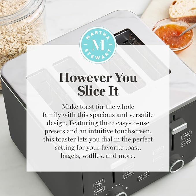 Martha Stewart 4 Slice Toaster, 10 Shade Settings with Defrost, Cancel, Bagel & Gluten-Free, Extra-Wide Self-Centering Slots for Waffles & Artisan Bread, Removable Crumb Tray, Cord Wrap, 1800W, Caviar
