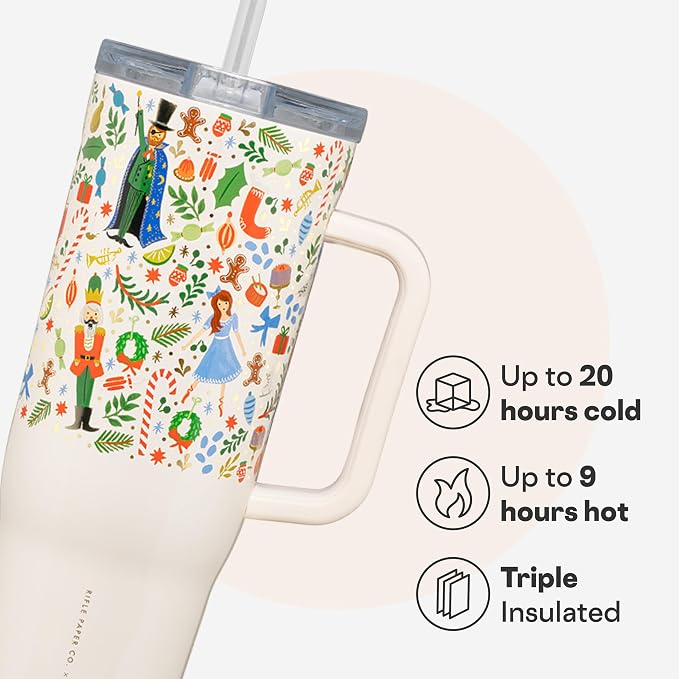 Corkcicle x Rifle Paper Co. Cruiser Insulated Tumbler with Handle & Straw - Keeps Drinks Cold 20 Hours - BPA-Free - Gift for Mom - Great for Mother's Day or Christmas - 40 oz - Nutcracker Ballet