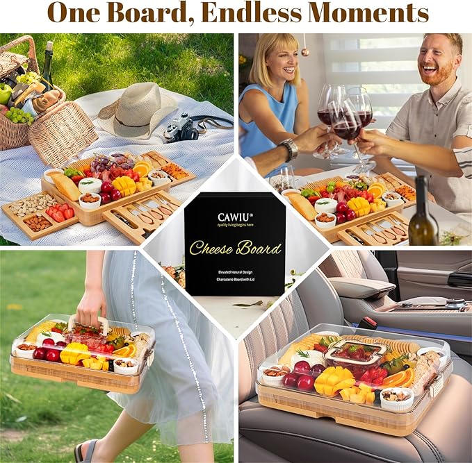 CAWIU Charcuterie Board with Lid – Large Bamboo Cheese Board Set with Utensils & Drawers – Housewarming, Wedding Gifts for Couples, Serving Tray with Cover (Cream)