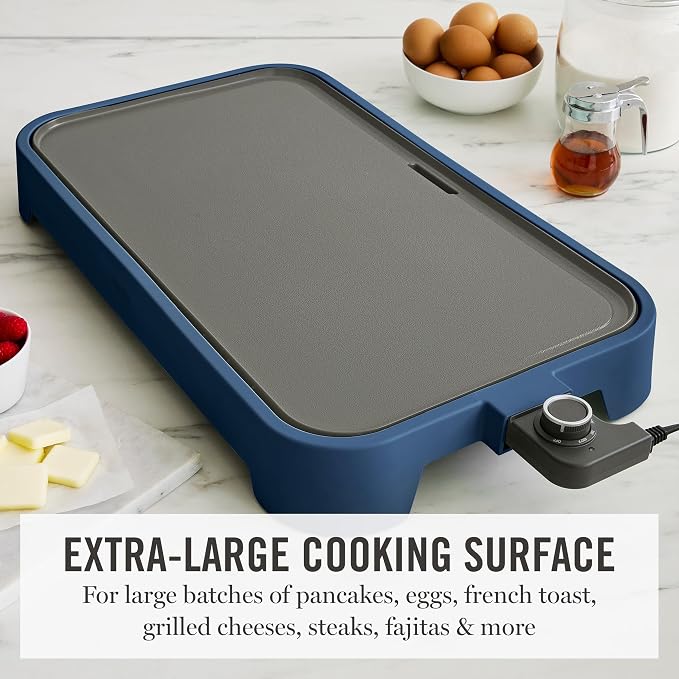 Martha Stewart 12” x 22” Electric Griddle, XL Ceramic Nonstick Flat Top Cooking Surface, Adjustable Temperature Dial, Drip Tray, Dishwasher Safe, 1500W Fast Even Heating, Pancakes & Eggs, Indigo Blue
