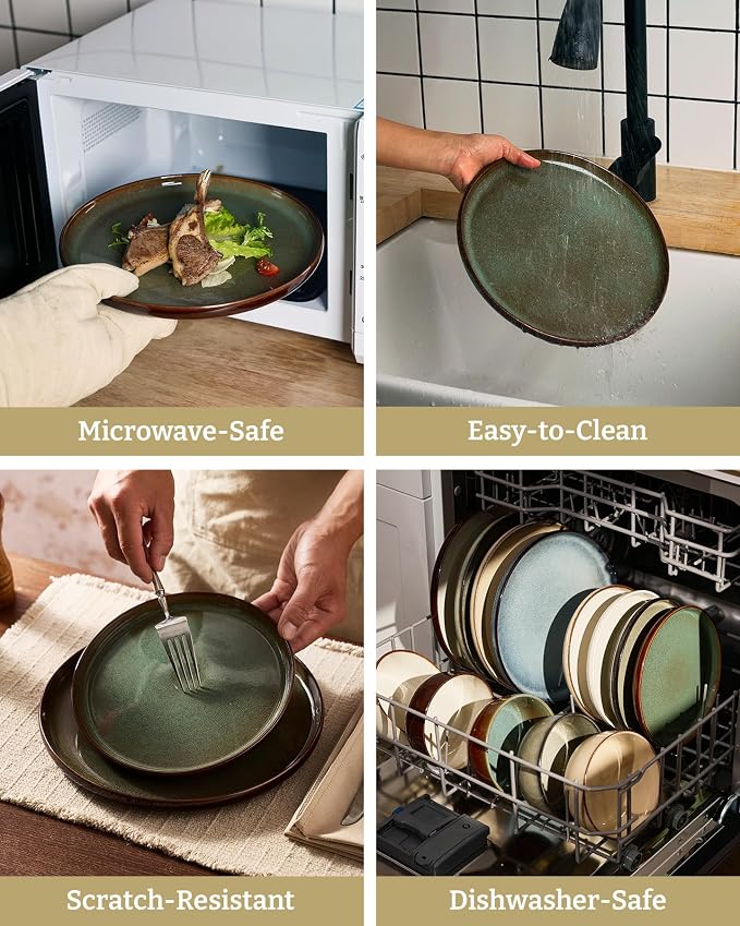 Famiware Milkyway Stoneware Dinnerware Set, 12-Piece, Double Reactive Glaze, Plates and Bowls, Service for 4, Microwave and Dishwasher Safe, Scratch-Resistant, Moss Green & Cocoa