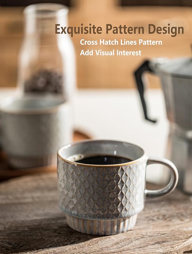Gomakren Coffee Mugs Set of 4, 13 Ounce Stackable Coffee Mugs with Stand, Father's Day Ceramic Coffee Cups with Spoon for Coffee, Espresso, Cappuccino, Latte, Cocoa, Tea and Milk, Light Gray