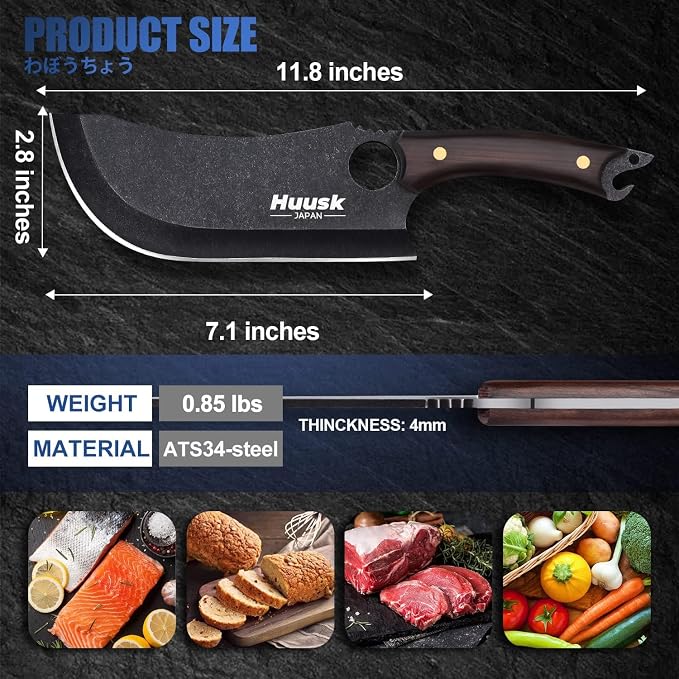 Huusk Hand Forged Meat Cleaver - Japanese Cooking Black Butcher Knife for Meat Cutting, Full Tang Cleaver Knife for Kitchen, Camping Thanksgiving Christmas Gifts