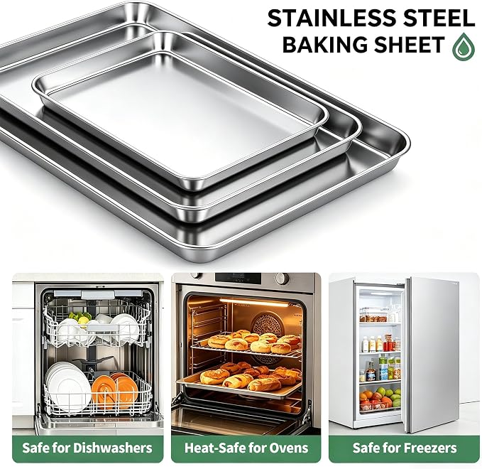 Baking Sheet Set Of 2,Stainless Steel Cookie Sheet For Baking,Sheet Pans For Baking,Baking Sheets Non Stick,Cookie Baking Pans Sheets,Baking Tray,Durable And Easy Clean (Set of 2-16”)
