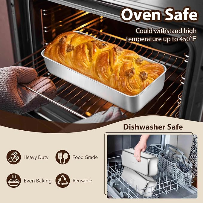 P&P CHEF Loaf Pans for Baking Bread, 12 x 5 Inch Large Stainless Steel Bread Loaf Pan Tins for Homemade Meatloaf Cake Brownies, Healthy & Sturdy, Oven & Dishwasher Safe, 3Pcs