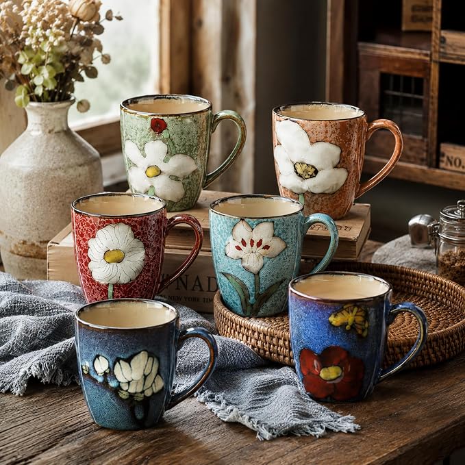 Maxdot 6 Pcs 12oz Ceramic Coffee Mugs Sets Glazing Process Cappuccino Mug Floral Ceramic Tea Cups Idea Gift Set for Women Porcelain Cup for Coffee, Cocoa, Tea, Latte (Retro) (Retro)