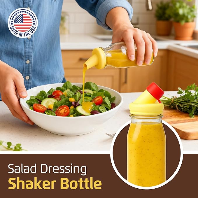 kitchentoolz Salad Dressing Shaker Bottle – 12oz Carafe Glass Bottle with Silicone Pour Spout and Tamper-Proof Lid for Sauces and Marinades - Salad Dressing Dispenser Container