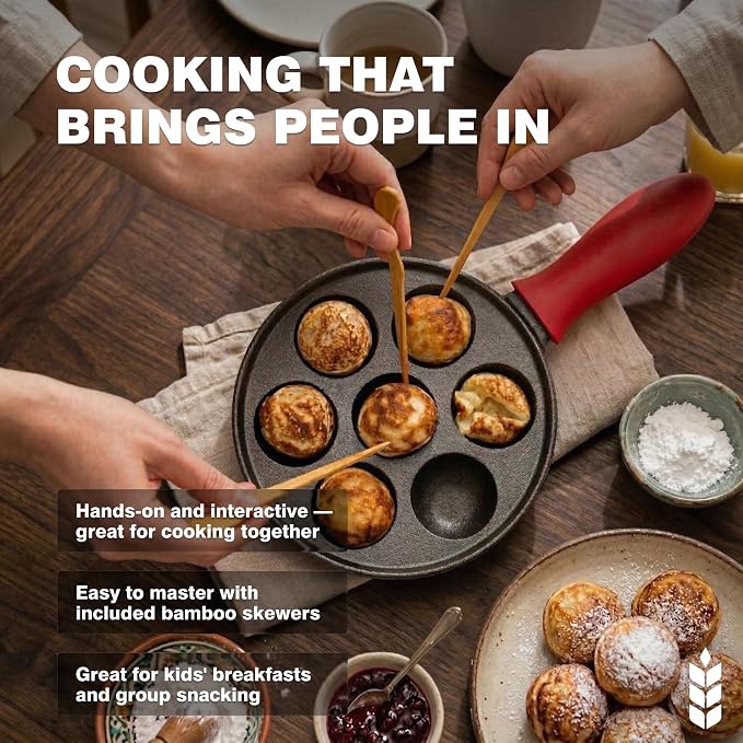 KUHA Cast Iron Aebleskiver Pan | Pre-Seasoned Pan for Authentic Danish Pancake Making, Poffertjes, Takoyaki, Appam & Paniyaram | Silicone Handle, Oven Mitt & Bamboo Skewers Included | 7.9" Diameter