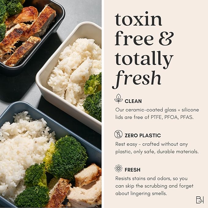 Ceramic Coated Glass Food Storage Container | No PTFE, PFOA, PFAS, and BPA | Reusable Non Toxic Meal Prep Container with Glass Lid | Easy To Store | 6 Piece Food Prep [Smoke]