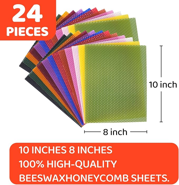 24 Pack 10x8 Inch Beeswax Sheets - Candle Making Kit Supplies for Christmas - DIY Crafts Gift for Kids, Beginners, Experts Alike - Honeycomb Sheet Included