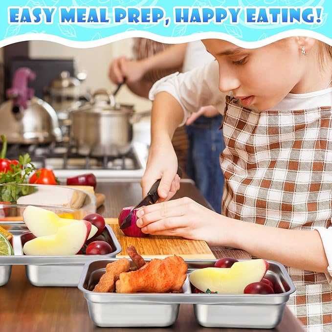 Teenyyou 6 Pcs Stainless Steel Snack Containers 30 oz 2-compartment Meal Prep Containers Reusable Metal Divided Bento Box with Silicone Lids Leakproof Lunch Box Dishwasher Safe (Blue)