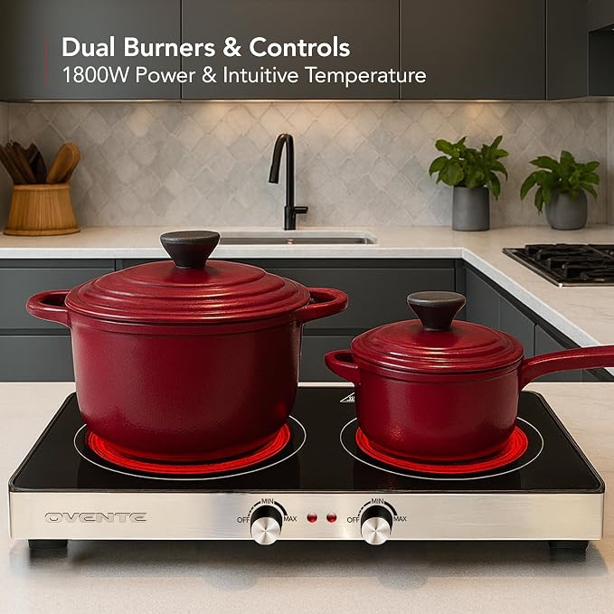 OVENTE Infrared Ceramic Double Burner, 1800W Electric Countertop Hot Plate with Black Crystalline Glass, Portable Stainless Steel Cooktop for Home, Office, or Dorm Use, Black BGI302GB