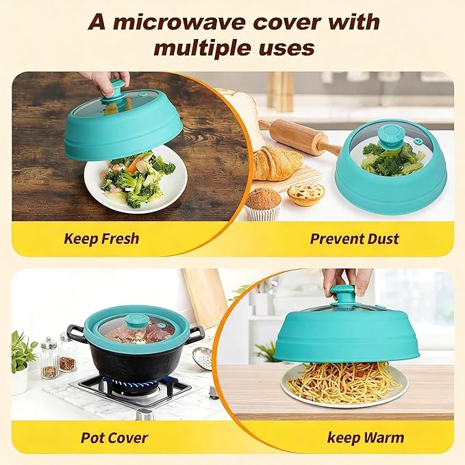 Microwave Splatter Cover - 9.8" Glass Lid with Collapsible Silicone Rim, Universal Pot & Plate Cover for Mess-Free Heating (Blue, 9.8inch)