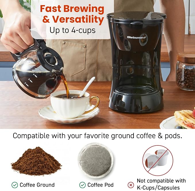 Elite Gourmet EHC4128 Automatic 4-Cup Brew & Drip Coffee Maker with Pause N Serve, Glass Carafe, Reusable Filter, On/Off Switch, Keep Warm, Water Level Indicator, Black (Pack of 8)