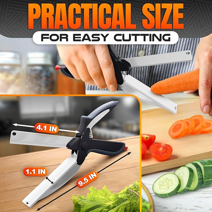 2 in 1 Cutting Board Scissors for Food - 9.6" Detachable Cheese Scissors with Cutting Board and Stainless Steel Blade - Easy-to-Use Veggie Cutter with Safety Lock, Suitable for Fruits and Vegetables