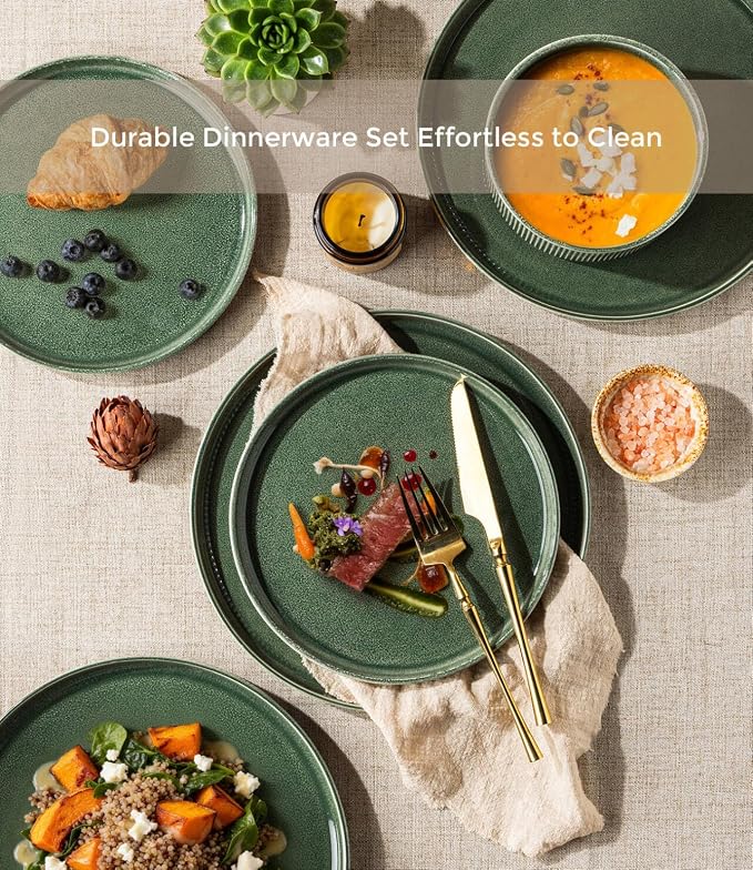 GBHOME 12-Piece Stoneware Dinnerware Set for 4 – Ribbed Ceramic Plates and Bowls, Scratch-Resistant, Microwave & Dishwasher Safe, Reactive Glaze, Dark Green