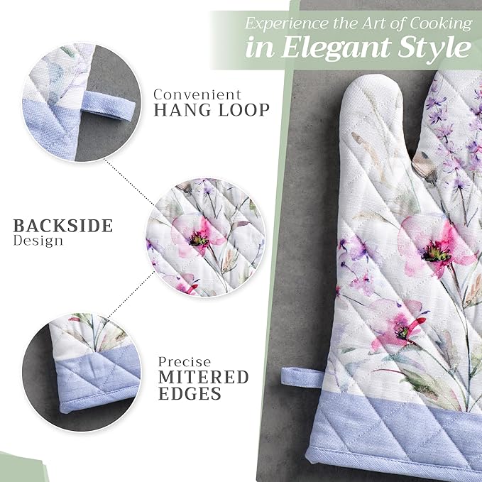 Maison d' Hermine 100% Cotton Oven Mitt & Pot Holder Set (7.5"x13" & 8"x8") Heat Resistant BBQ Cooking Gloves with Loop Baking Grilling Kitchen Gifts for Mothers Day Spring/Summer (Summer Floral)