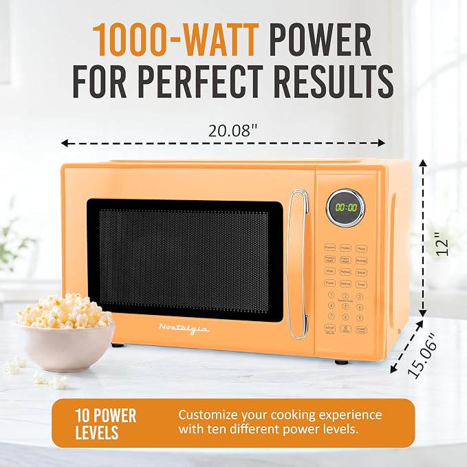 Nostalgia Modern Retro Compact Countertop Microwave Oven - 1.1 Cu. Ft. - 1000-Watts with LED Digital Display - Child Lock - Easy Clean Interior - Orange