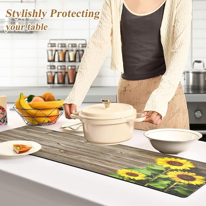 Autumn Yellow Sunflowers on Wooden Board Trivet Table Runner 40 Inches Long Trivet for Hot Pots and Pans/Hot Dishes,Table Protector Heat Up to 230F, Decorative Hot Plates Mat for Kitchen Countertop