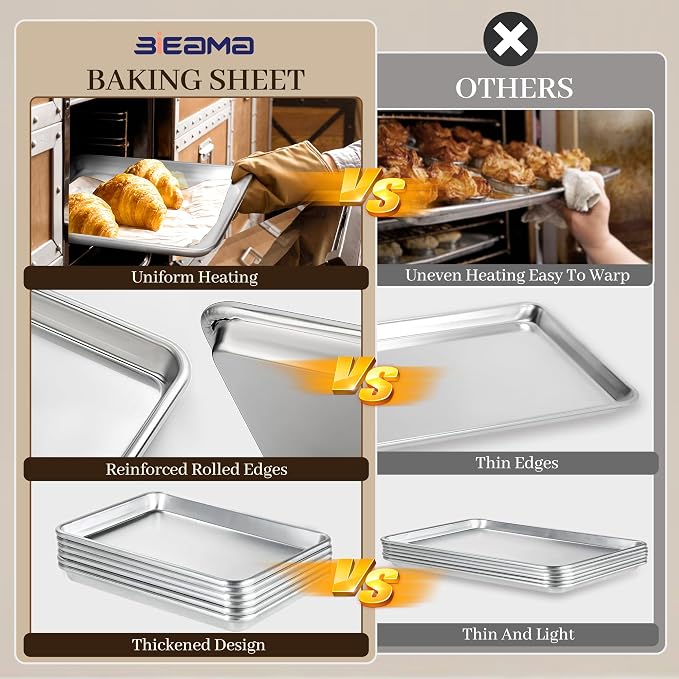 BIEAMA 6 Pack Quarter Size Aluminum Baking Sheet Pan, 13" × 10" | Commercial Cookie Sheets for Professional and Home Baking, roasting, bakery use, and everyday home kitchens