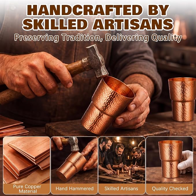Willinglong 2 Pcs 100% Pure Copper Cup Tumblers 24 oz Handcrafted Hammered Copper Cups, Ayurvedic Health Benefits Drinking Vessel for Family Health Water, Cocktails, Iced Tea Glasses(Novel)