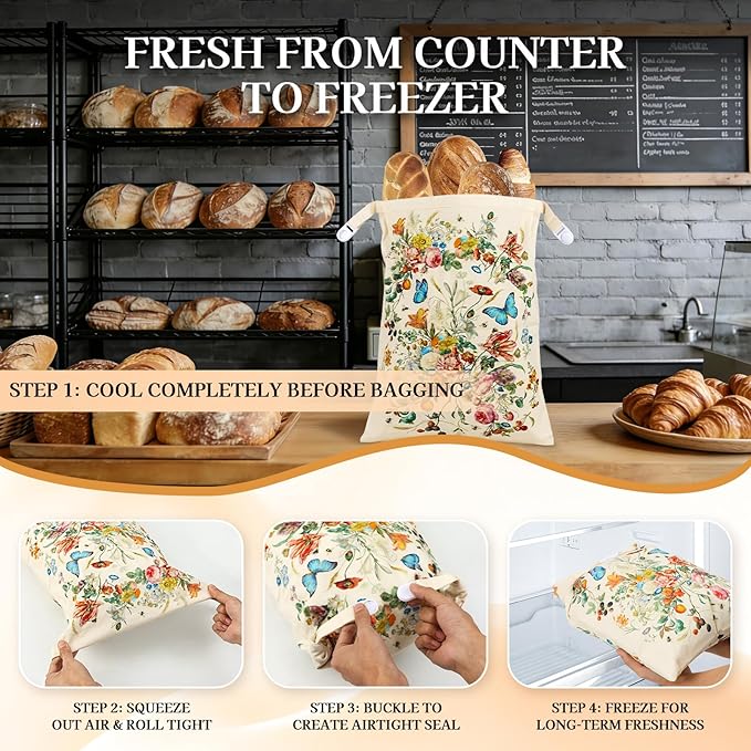 2 Pack Beeswax Bread Bags for Sourdough and Homemade Bread, XL 17x13in Reusable Cotton Storage Bags, Botanical Print Double-Layer with Beeswax Lining, Easy to Clean Artisan Bread Keeper | Keeps loaves soft, Protects fresh bake, Flexible usage, Secure b...