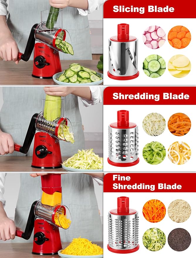 Geedel Rotary Cheese Grater Cheese Shredder - Upgraded 6-in-1 Cheese Grater with Handle and Strong Suction Base, Multi-purpose Vegetable Slicer Ice Shaver Nuts Grinder for Ice, Vegetables, Fruit