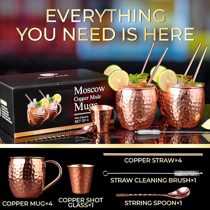 Moscow Mule Mugs, 4pcs Set of 16oz Copper Cups, Handcrafted Traditional Design, Gift Set with Straws, Spoon, Cleaning Brush & Shot Glass, Insulated, Reusable