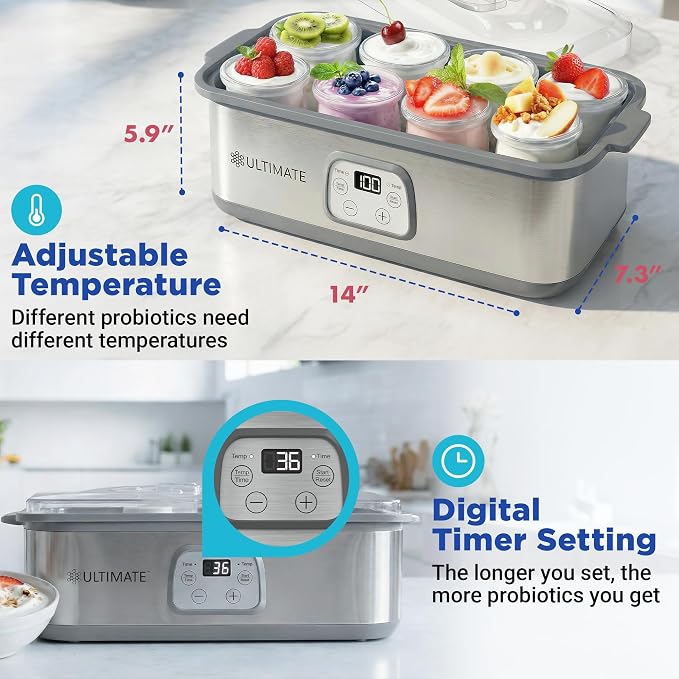 Ultimate Probiotic Yogurt Maker for Easy-to-Make Live Probiotics at Home with Adjustable Time & Temp Control, Best Kitchen Gift for Men & Women's Gut Health, UNLIMITED LIFETIME WARRANTY (8-Jar Model)