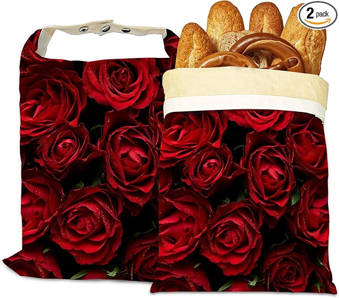 Bread Bags for Homemade Bread, Red Rose Flower 2 Pack Linen and Beeswax Sourdough Storage Bags, Reusable Keeper, Keeps Breads Fresh Longer, Gifts for Bakers