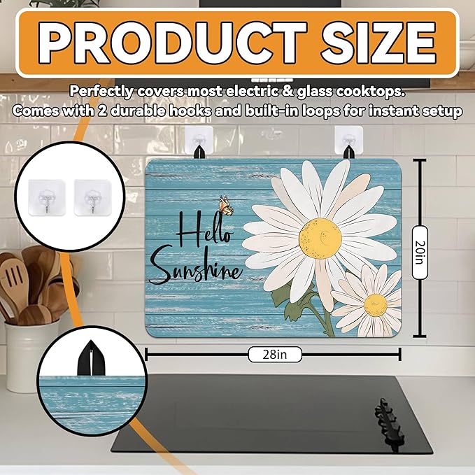 Decorative Stove Top Covers for Electric Stove 28"x20" – Heat Resistant Glass Cooktop Protector Dish Drying Mat – Non-Slip Rubber Backing Washer Top Cover Waterproof Extra Counter Space (Daisy)