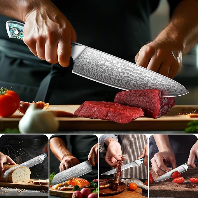 KEENZO Damascus Chef Knife Set 5 pcs, Professional Kitchen Knives Set, Chef's Knife, Santoku,Bread, Paring, Fillet, Utility,Sharp Blade Cooking Knife set, Ergonomic Abalone Shell handle with Gift Box