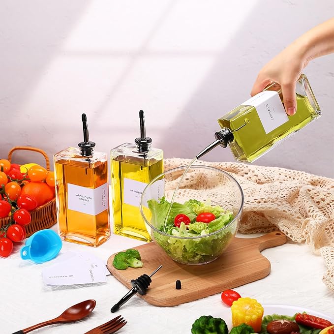 Reallnaive 10 Sets Olive Oil Dispenser Bottles for Kitchen with Nozzles Funnel Labels Cooking Oil Dispenser 500ml Set for Kitchen Vinegar Coffee Syrup (Black)