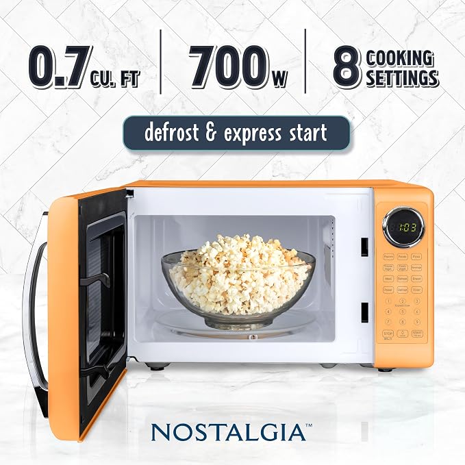 Nostalgia Modern Retro Compact Countertop Microwave Oven - 0.7 Cu. Ft. - 700-Watts with LED Digital Display - Child Lock - Easy Clean Interior - Orange