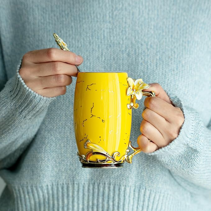 BTaT- Floral Ceramic Mugs with Spoon, Set of 2, Yellow and Orange, Fancy Coffee Mugs with Spoon