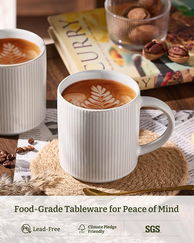 famiware Coffee Mug Set for 6, Star 16 oz Catering Mugs Cup Set with Handle for Coffee, Tea, Cocoa, Milk - Ceramic Stoneware Drinkware Set, Matte White + Matte Black