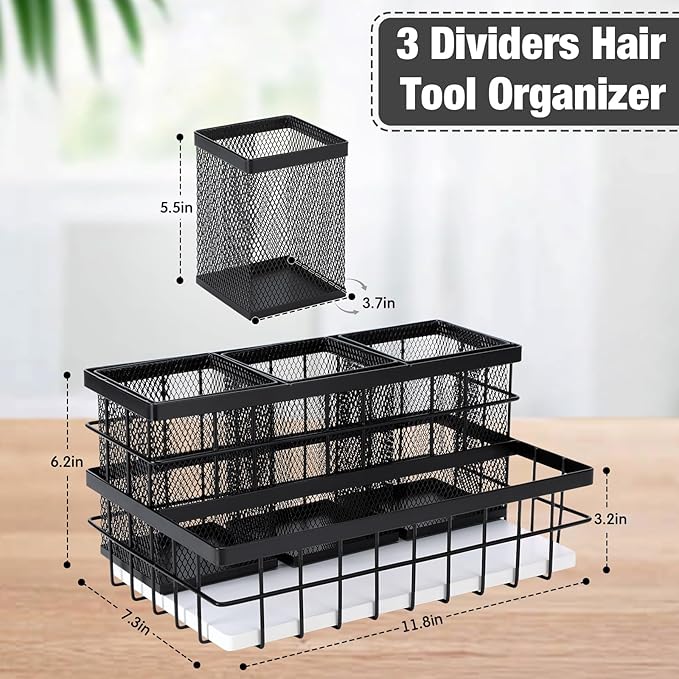 AceOrbit 1 Pcs 1pcs Hair Tool Organizer Countertop Breathable Metal Bamboo Hot Tools Vanity Organizer Under Sink Bathroom Hair Dryer Holder Countertop Brush Comb Holder Tray (White Bamboo,Black)