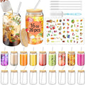 PeacePeo 16 OZ Glass Cups with Lids and Straws, 20 Set Can Beer Glass Cups with Bamboo Lids Cute and Reusable Drinking Glasses with Lid Ice Coffee Glasses Great for Beer, Cocktail, Tea and Latte