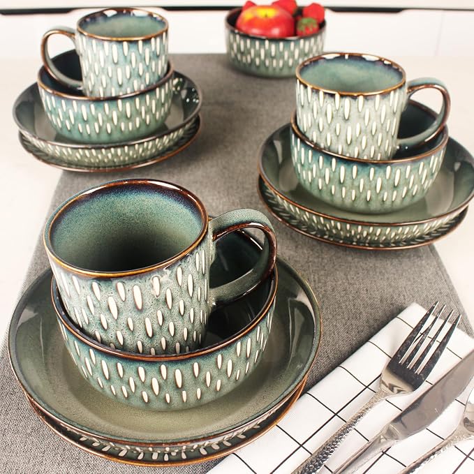 Dinnerware Sets 16 Pieces - Round Reactive Glaze Tableware - Kitchen Dinnerware Porcelain Crockery with Dinner Plate, Bowl and Soup Plate Service for 4, Microwave Dishwasher Safe, Set No.4