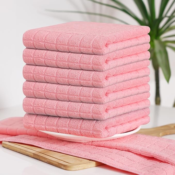 Homaxy Premium Cotton Kitchen Towels 16"x 28", Large Natural Ring Spun 390 GSM Dish Towels, Super Absorbent Terry Kitchen Hand Towels, Soft Tea Towels with Hanging Loop, Pure Pink Check Design, 4 Pack