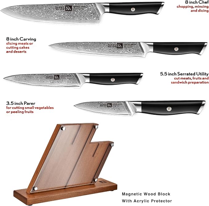 Klaus Meyer Empira 5 Piece Damascus Kitchen Knife Set With Magnetic Block | VG-10 Damascus Steel, Full Tang, Ultra Sharpness, Ergonomic ABS Handle, Strong Magnetic Block, Ideal Gift For Passionate Chef