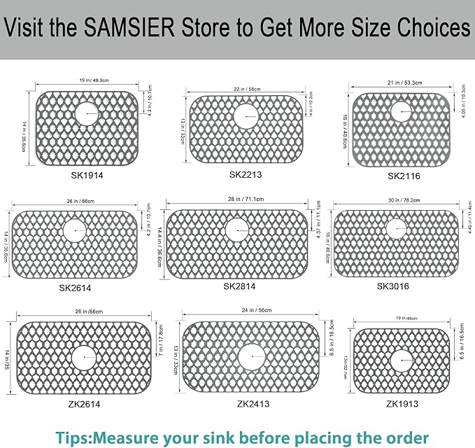 SAMSIER Silicone Sink Protectors Mats (13x11 & 14x12 & 16x12 & 18x16 & 19x14 & 21x16 & 22x13 & 25x16 & 26x14 & 28x14 & 30x16) for Bottom of Kitchen Sink (19”x14”, Rear Drain)