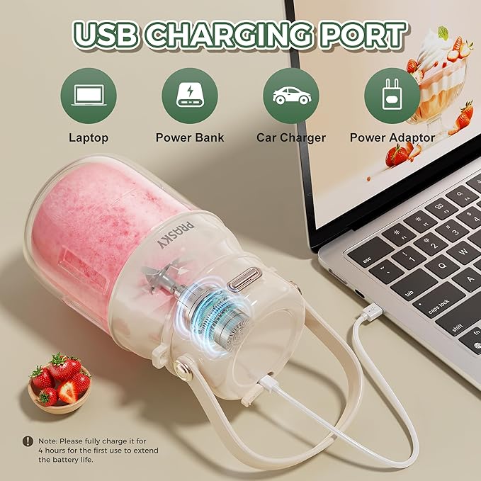 Portable Blender, Prasky Personal Blenders for Shakes and Smoothies with 27oz Cup, Lid and Shoulder Strap, Type-C USB Rechargeable, Personal Size Blenders BPA-free for Travel/Kitchen(White)