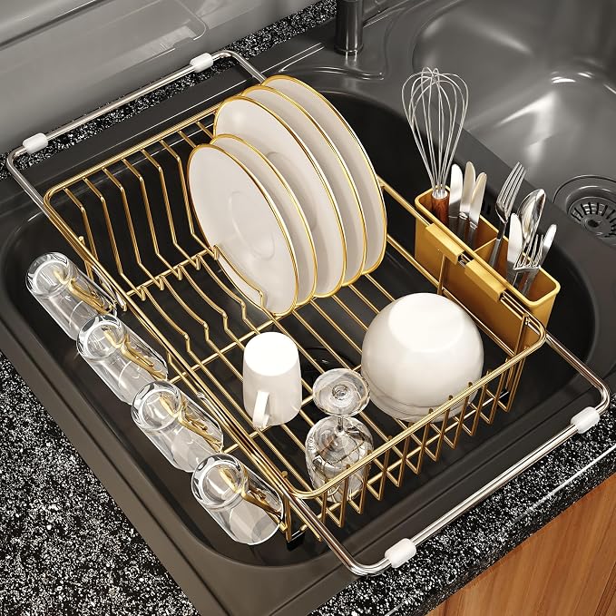 MAJALiS Gold Dish Drying Rack Over The Sink with Utensil Holder | Expandable Stainless Steel Dish Drainer for Small Kitchen, Apartment, RV, Counter Space Saving, Perfect Fit, Rustproof