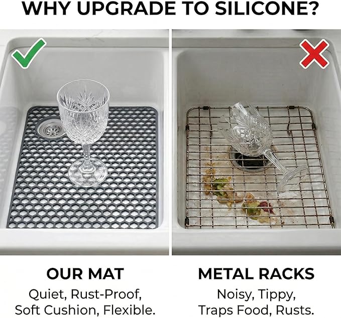 Silicone Sink Protectors for Kitchen - Non-Slip Heat Resistant Grid Mat for Farmhouse Porcelain Stainless Steel, Protects & Cushions Your Sink(Gray 1PCS, 28.5"x14.5" Right-Side Drain)