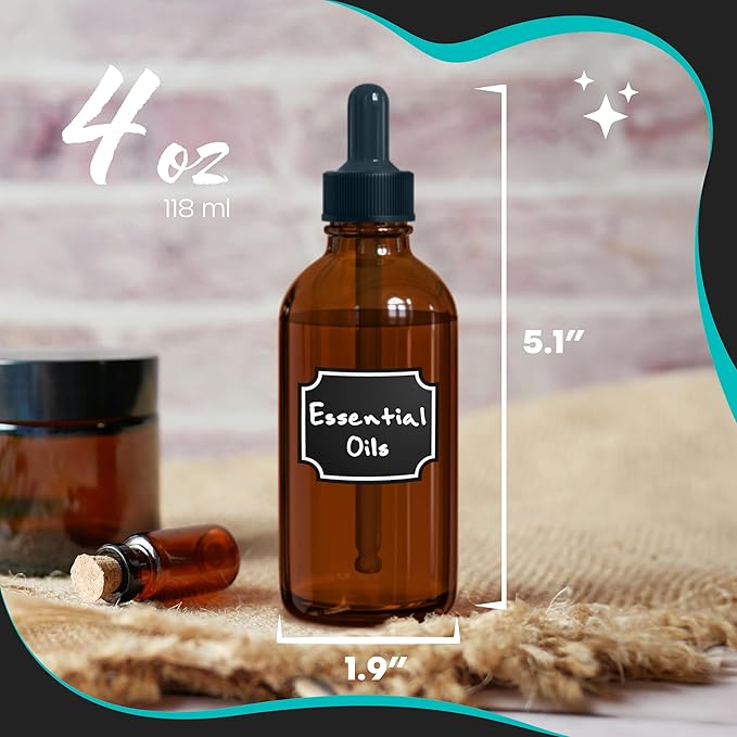 Nevlers 4 Oz Amber Glass Dropper Bottle 48 Pack | Set of Glass Tincture Bottles with Dropper, Funnel, Brush, Marker, Labels & Shrink Wrap | Amber Bottles with Eye Droppers for Liquids & Essential Oil